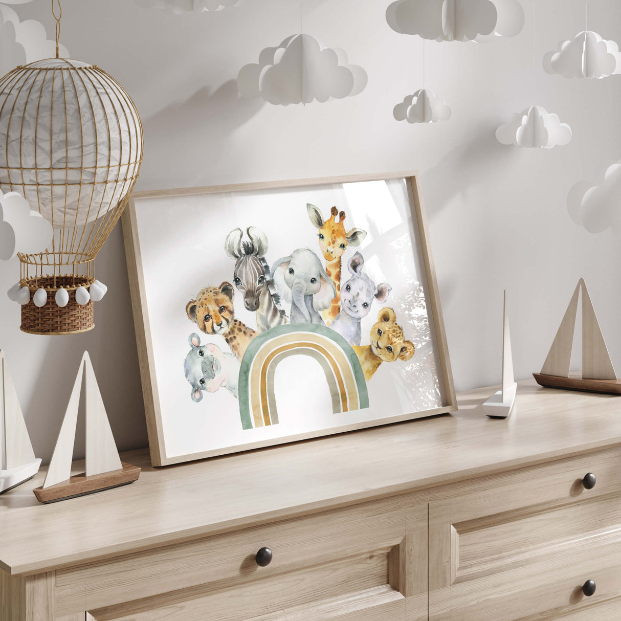 Watercolor safari animals with rainbow printable in sage green, brown, gray colors for gender neutral nursery decor, animals: giraffe, zebra, elephant, hippo, rhino, tiger, leopard.