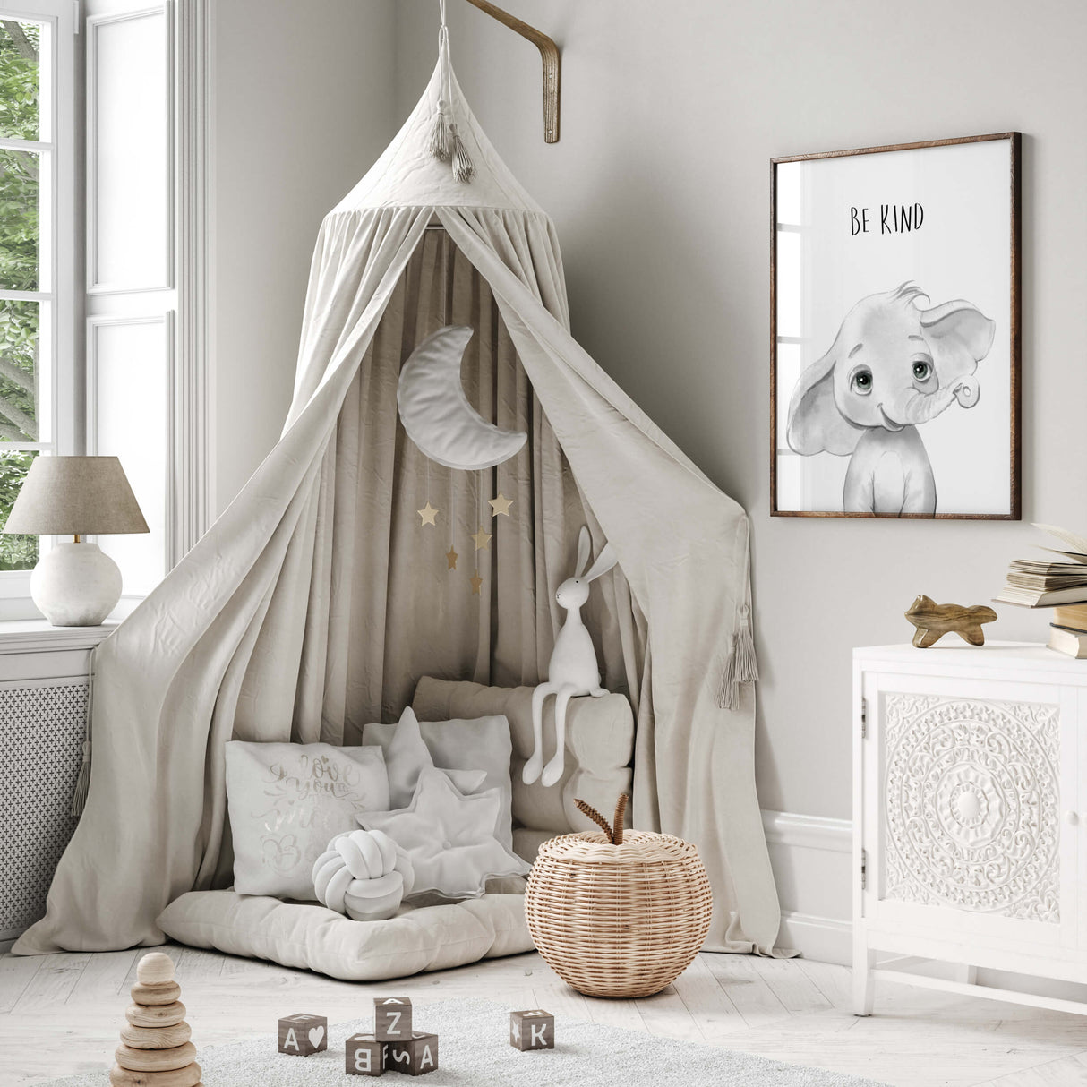 Watercolor elephant head print with be kind quote for gender neutral nursery decor, toddler room decor, boys room decor, girls room decor, boho nursery decor.