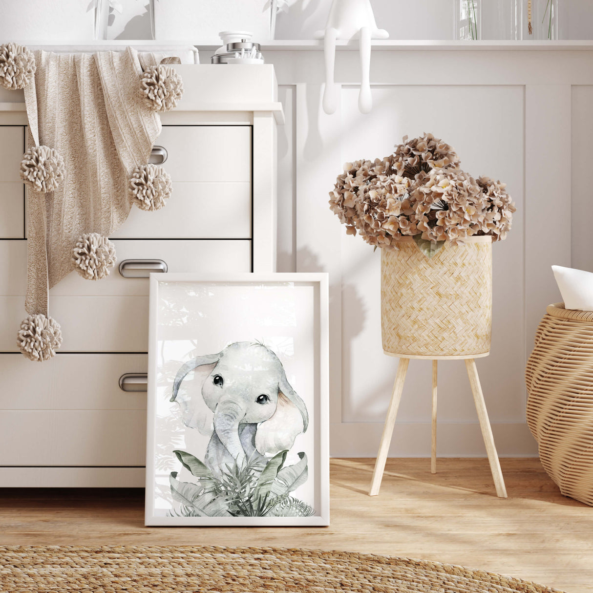 Watercolor elephant with leaves poster in beige, gray, sage green colors for gender neutral nursery decor, boho nursery decor, baby boys room decor, baby girls room decor, animals: lion, elephant, giraffe, hippo, monkey, leopard, rhino, zebra.