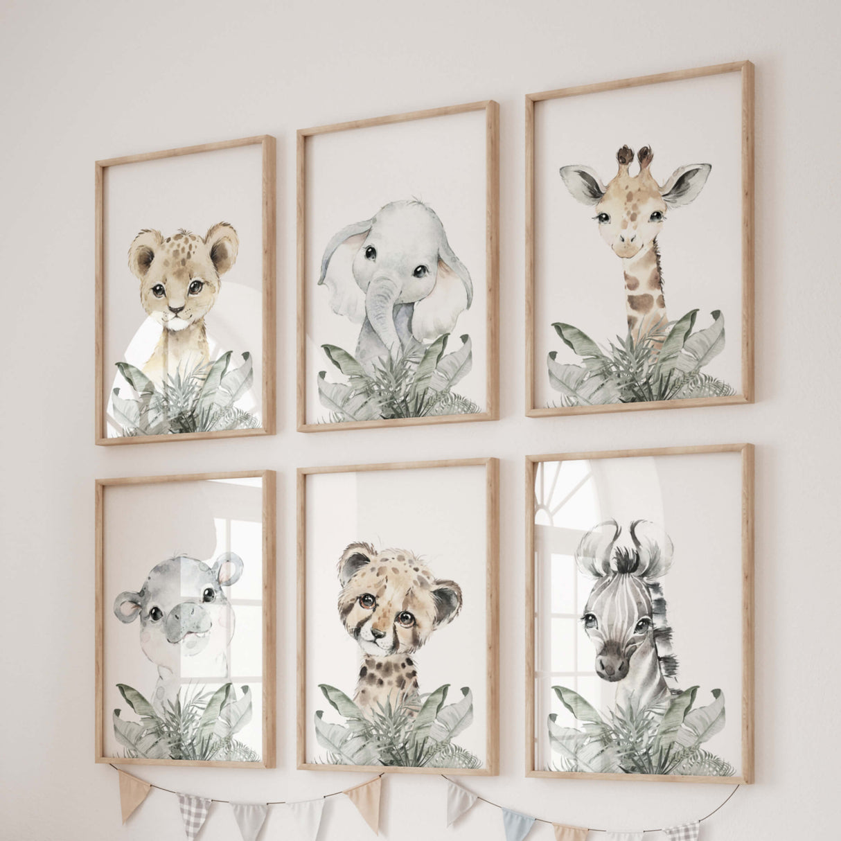 Watercolor safari animal with leaves print in beige, gray, sage green colors for gender neutral nursery decor, boho nursery decor, baby boys room decor, baby girls room decor, sage green nursery decor, animals: lion, elephant, giraffe, hippo, leopard, zebra.