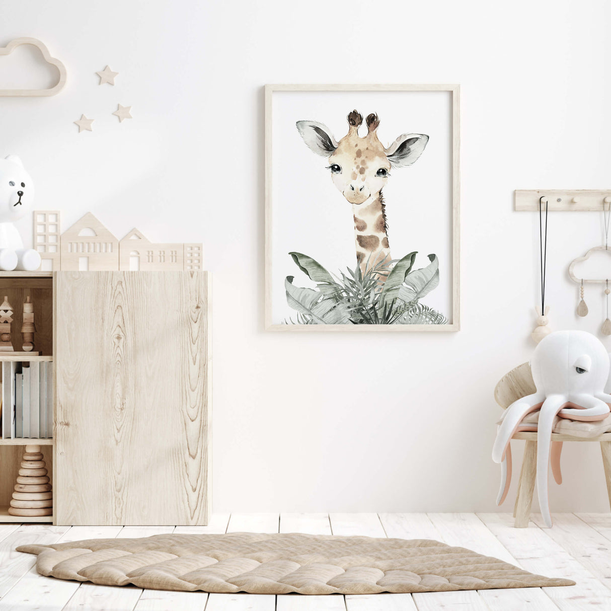 Watercolor giraffe with leaves print in beige, gray, sage green colors for gender neutral nursery decor, boho nursery decor, baby boys room decor, baby girls room decor.