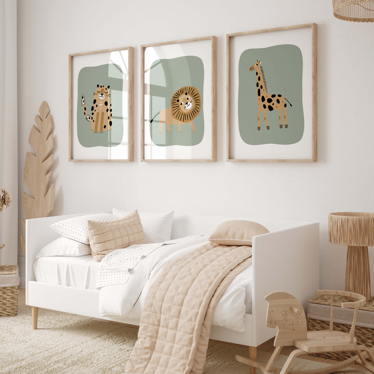 Set of 3 safari animal print with sage green bakcground in scandinavian and minimal style for neutral nursery decor and neutral nursery ideas.