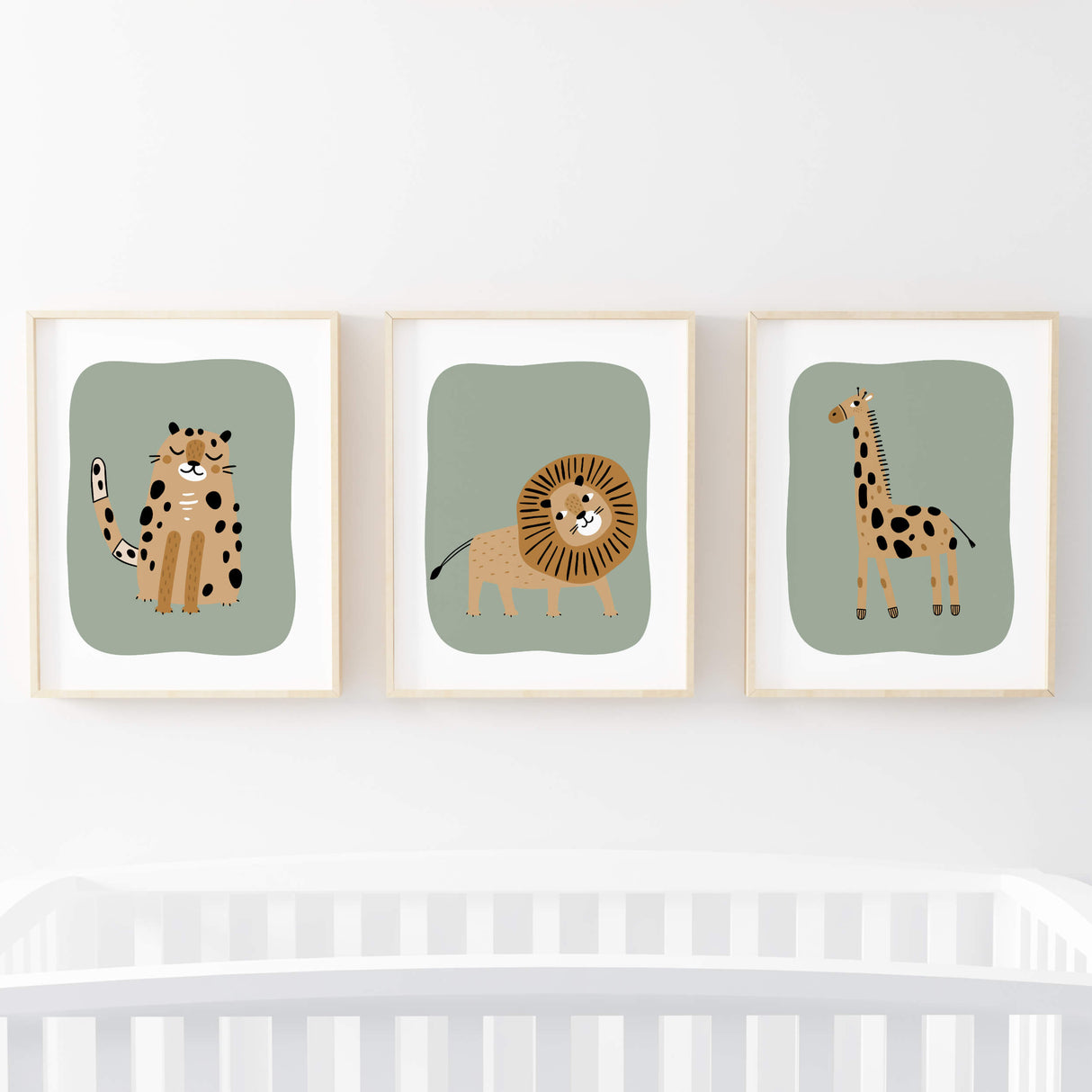 Set of 3 safari animal print with sage green bakcground in scandinavian and minimal style for toddler room decor. and girls nursery decor.