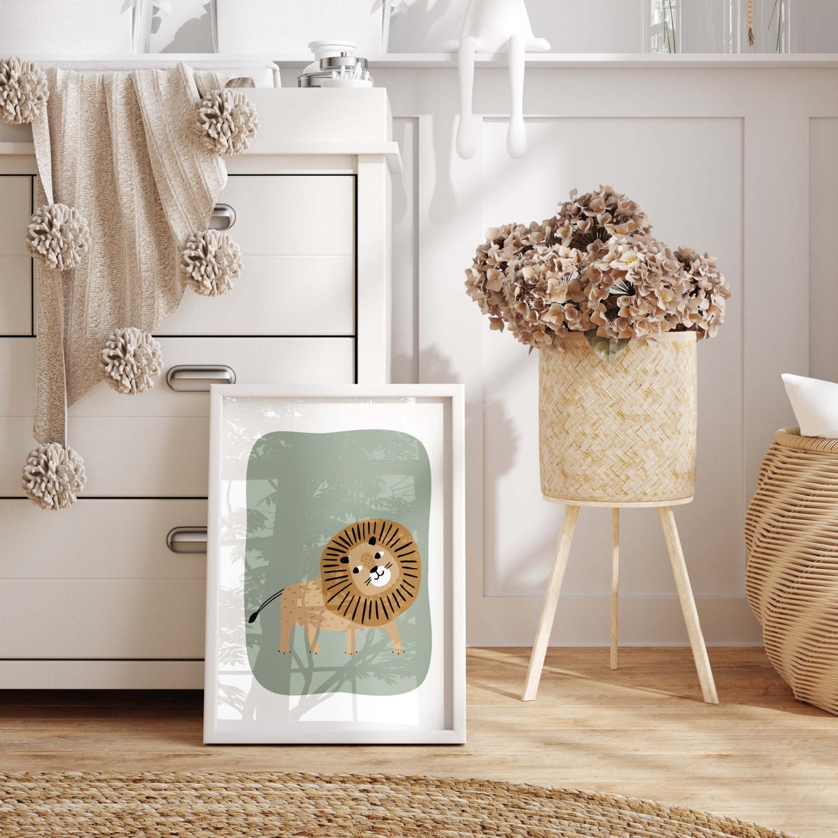 Lion print with sage green bakcground in scandinavian and minimal style for neutral nursery decor and neutral nursery ideas.