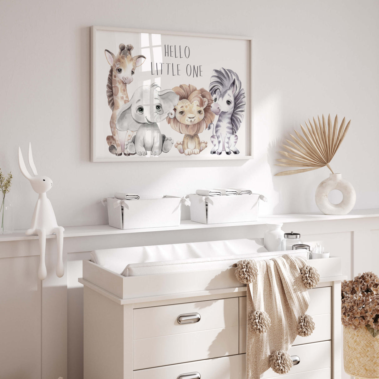 Watercolor safari animals print with hello little one quote for gender neutral nursery decor, toddler room decor, boys room decor, girls room decor, boho nursery decor, animals: giraffe, elephant, lion, zebra.