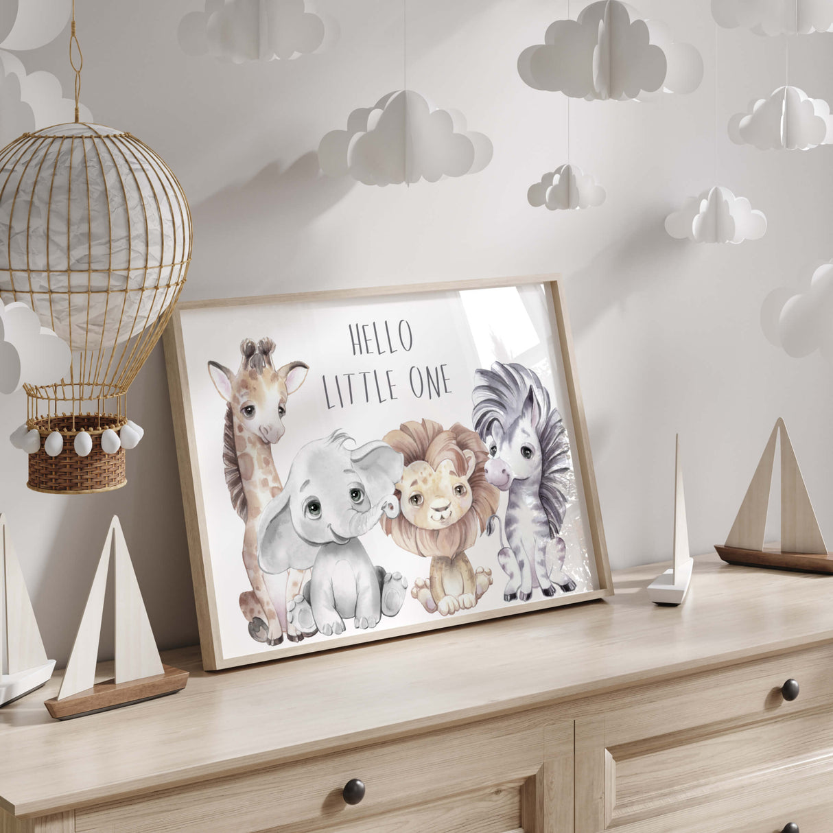 Watercolor safari animals poster with hello little one quote for gender neutral nursery decor, toddler room decor, boys room decor, girls room decor, boho nursery decor, animals: giraffe, elephant, lion, zebra.