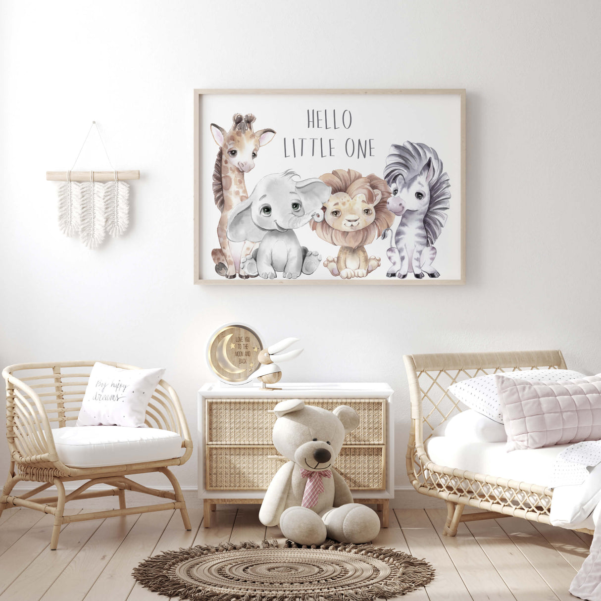 Watercolor safari animals print with hello little one quote for gender neutral nursery decor, toddler room decor, boys room decor, girls room decor, boho nursery decor, animals: giraffe, elephant, lion, zebra.