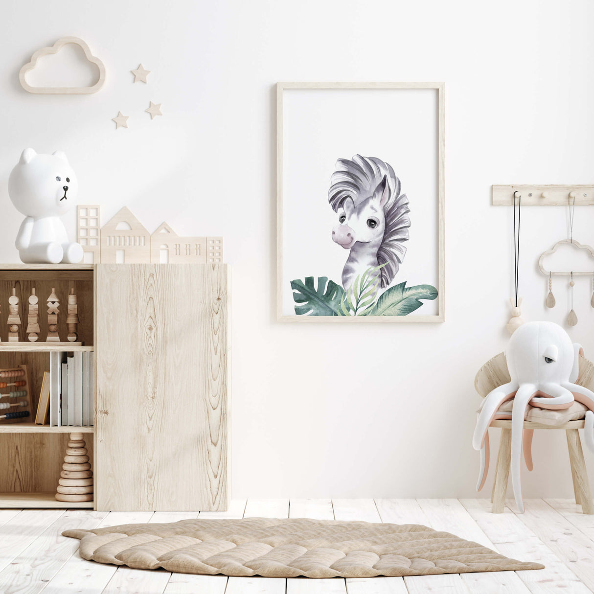 Watercolor zebra with leaves printable for gender neutral nursery decor, toddler room decor, boys room decor, girls room decor.