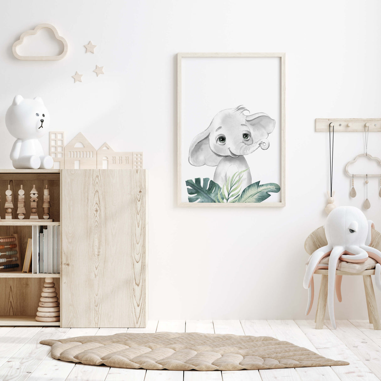 Watercolor elephant with leaves print for gender neutral nursery decor, toddler room decor, boys room decor, girls room decor.