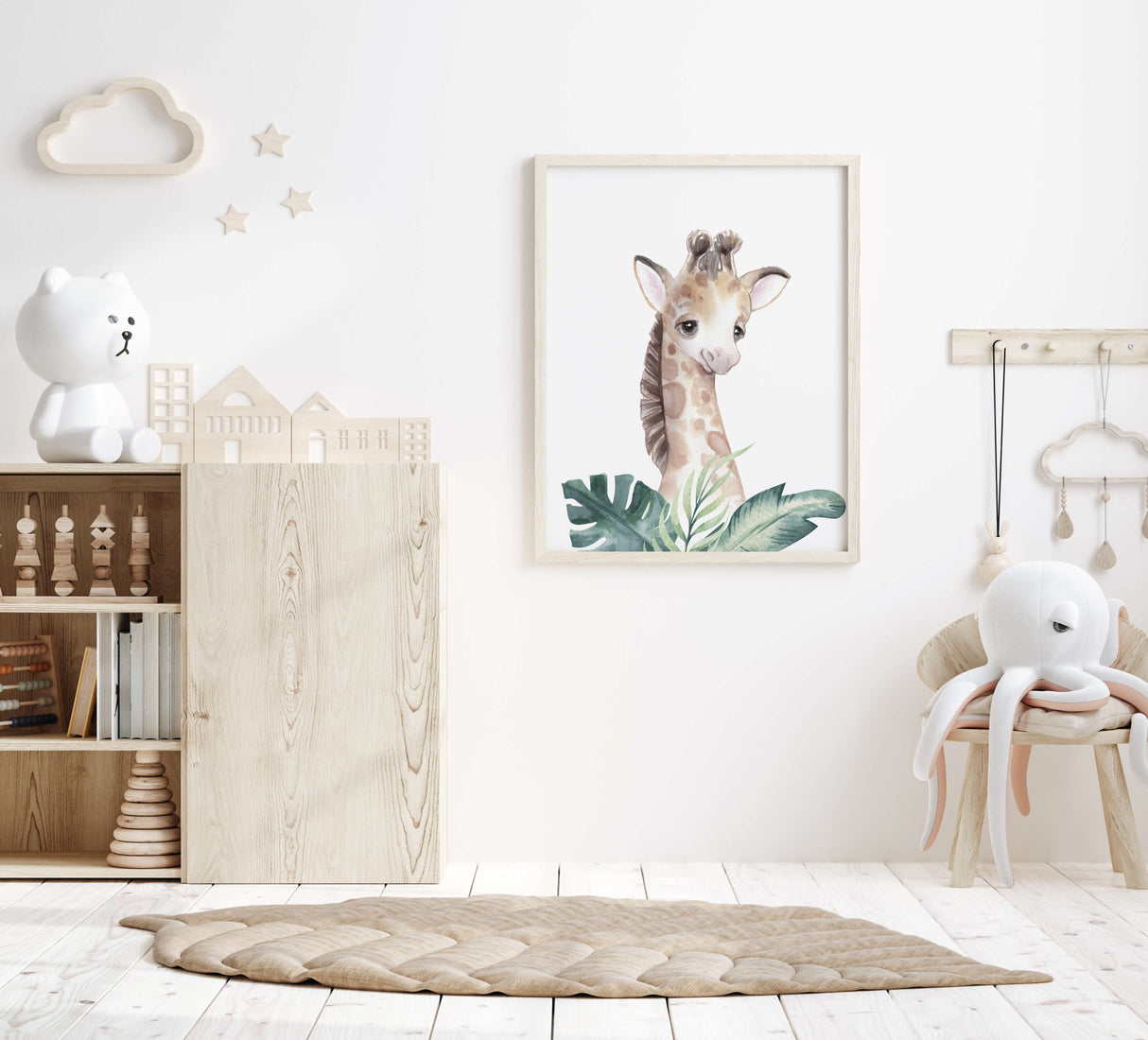 Watercolor giraffe with leaves printable for gender neutral nursery decor, toddler room decor, boys room decor, girls room decor.