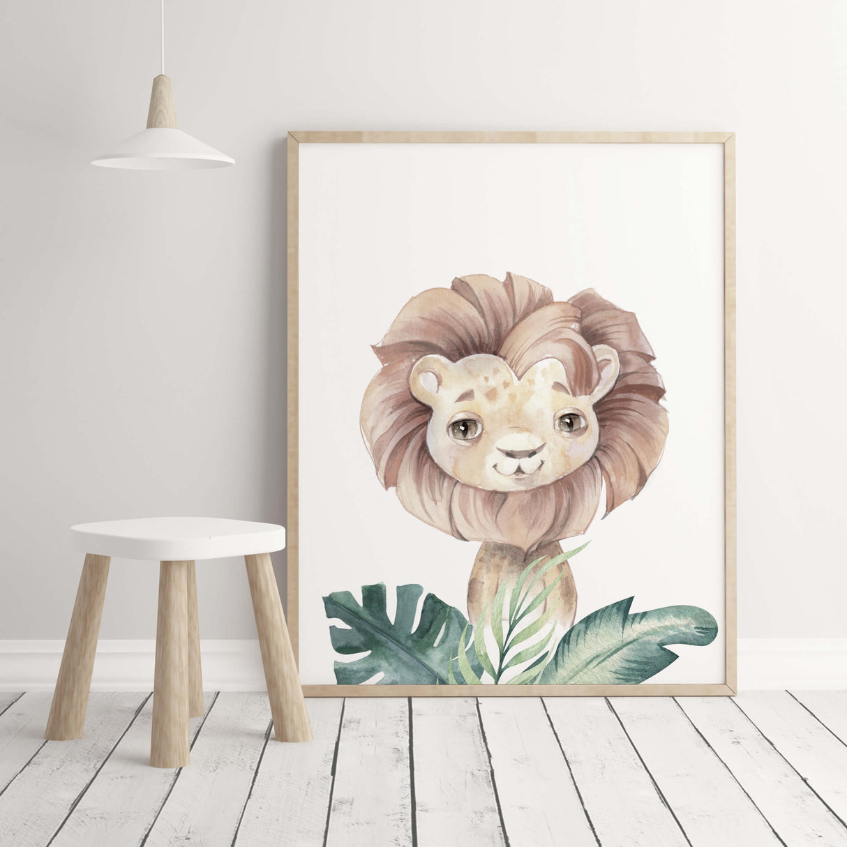 Watercolor lion with leaves printable for gender neutral nursery decor, toddler room decor, boys room decor, girls room decor.