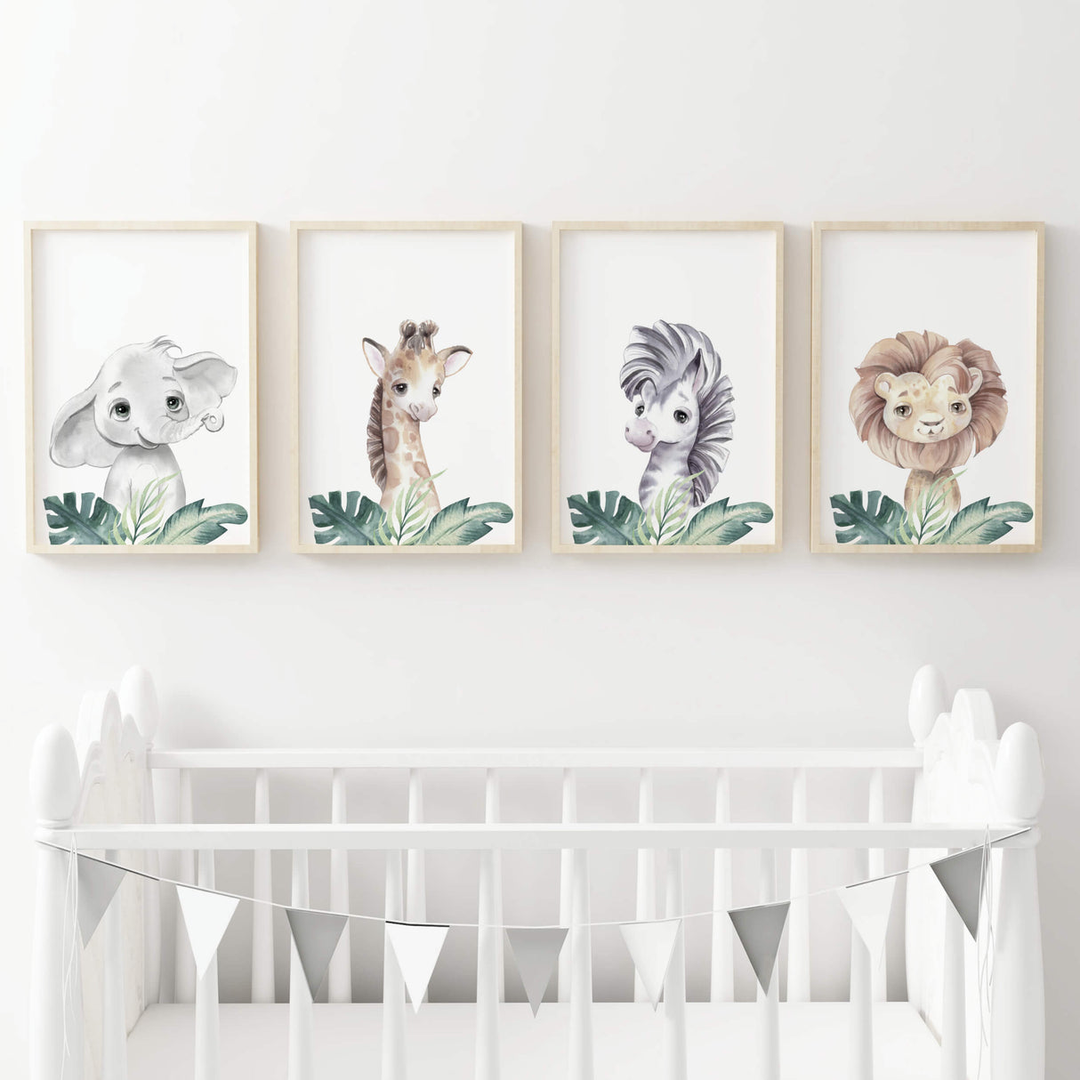 Watercolor safari animals with leaves poster for gender neutral nursery decor, toddler room decor, boys room decor, girls room decor, animals : elephant, giraffe, lion, zebra.