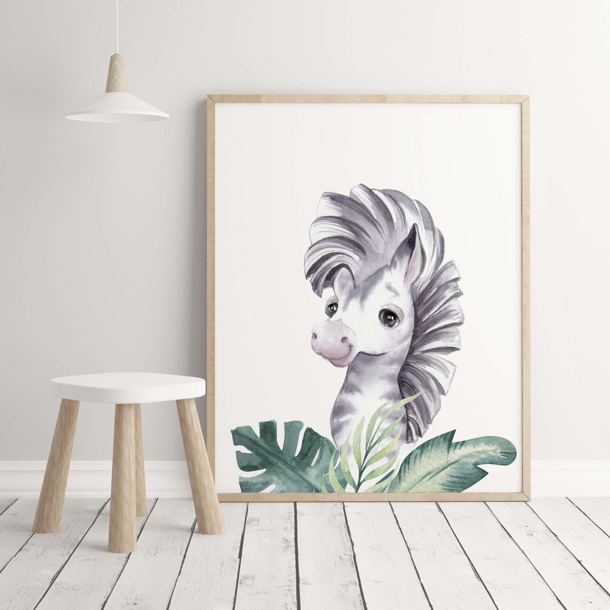 Watercolor zebra with leaves printable for gender neutral nursery decor, toddler room decor, boys room decor, girls room decor.