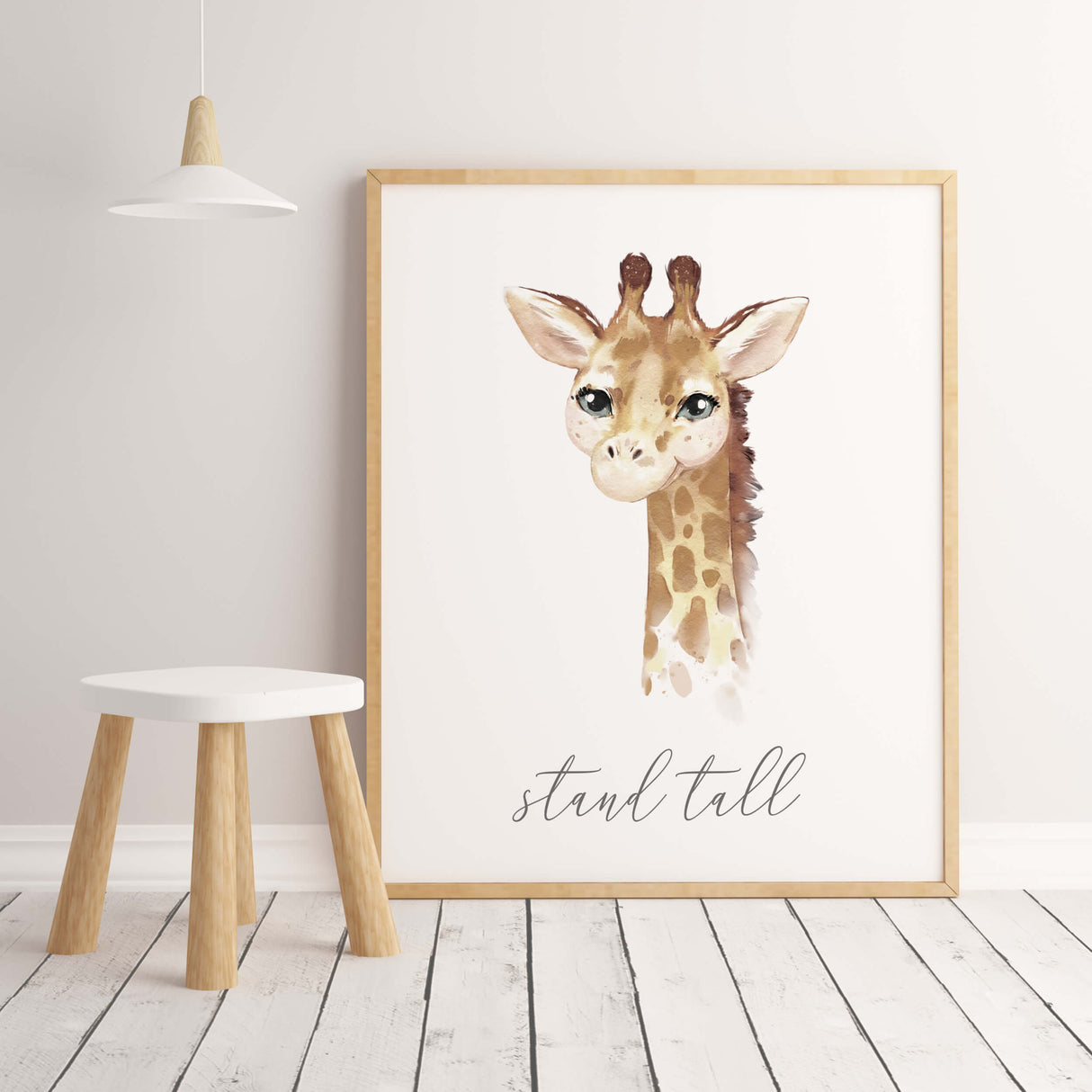 Watercolor safari print with inspirational quote for gender neutral nursery decor, boho nursery decor, includes: giraffe - stand tall.