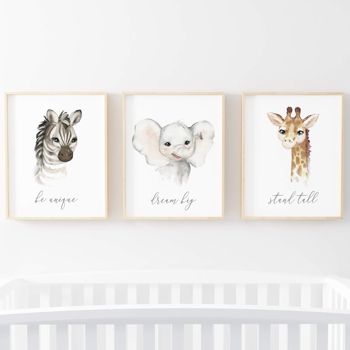 Set of 3 watercolor safari print with inspirational quote for gender neutral nursery decor, boho nursery decor, includes: Elephant - dream big, Giraffe - stand tall, Zebra - be unique