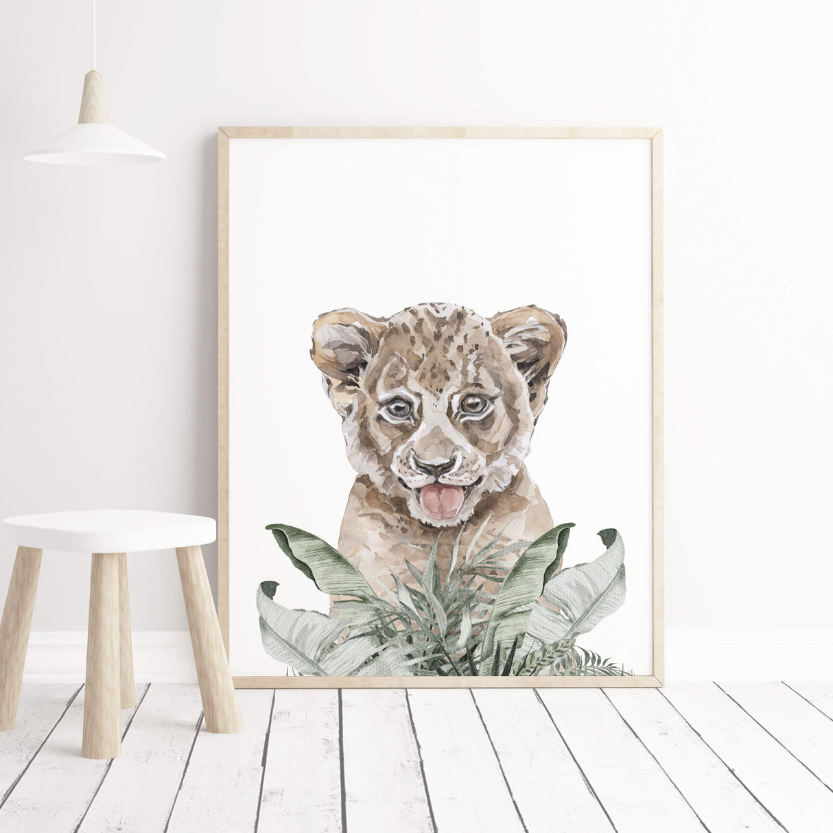Watercolor tiger print with leaves for neutral nursery decor.