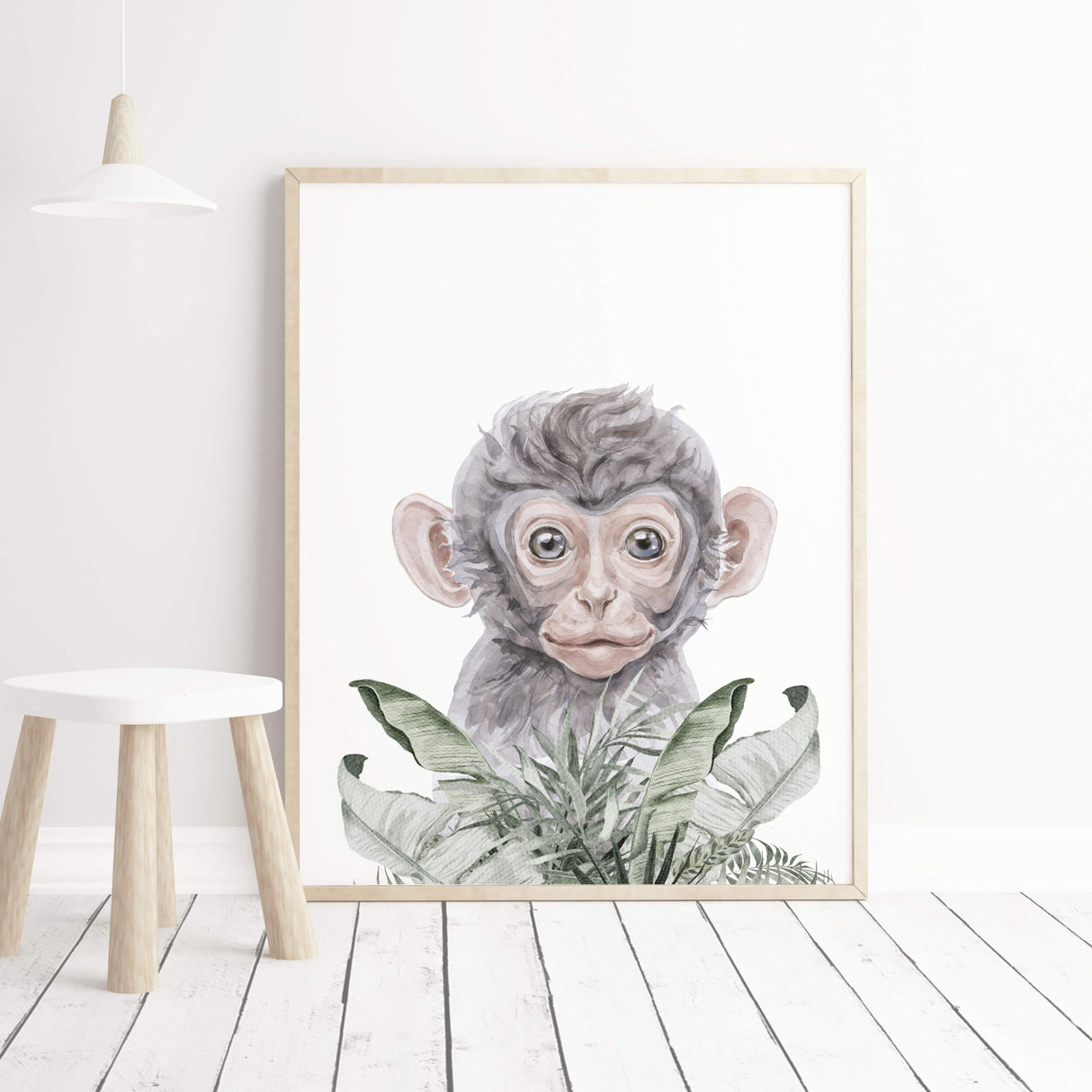 Watercolor safari print with monkey and leaves print for neutral nursery decor.