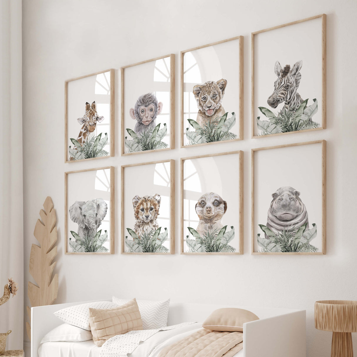 Set of 8 watercolor safari animal print set for neutral nursery decor, boys room decor, and girls room decor.