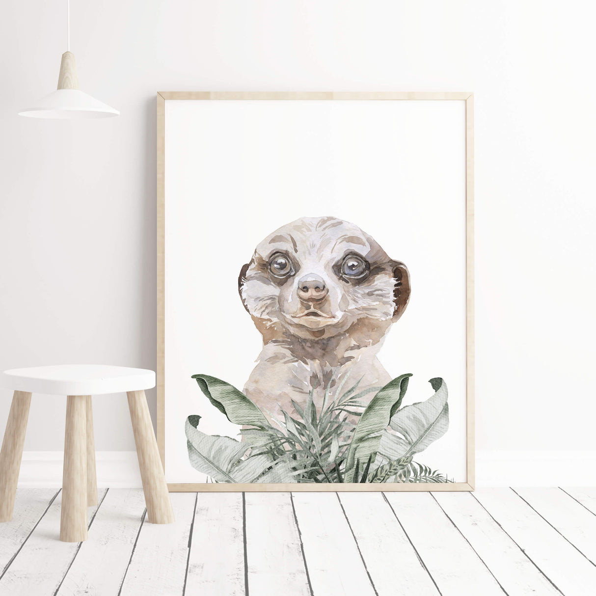 Watercolor safari print with mongoose and leaves print for neutral nursery decor.