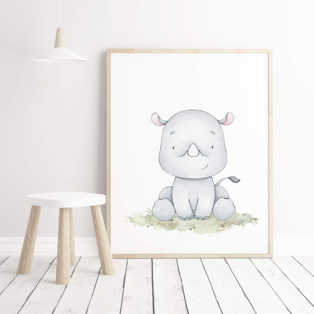 Watercolor rhino with soft pastel earth colors print for gender neutral nursery decor, baby boys room decor, girls room decor.