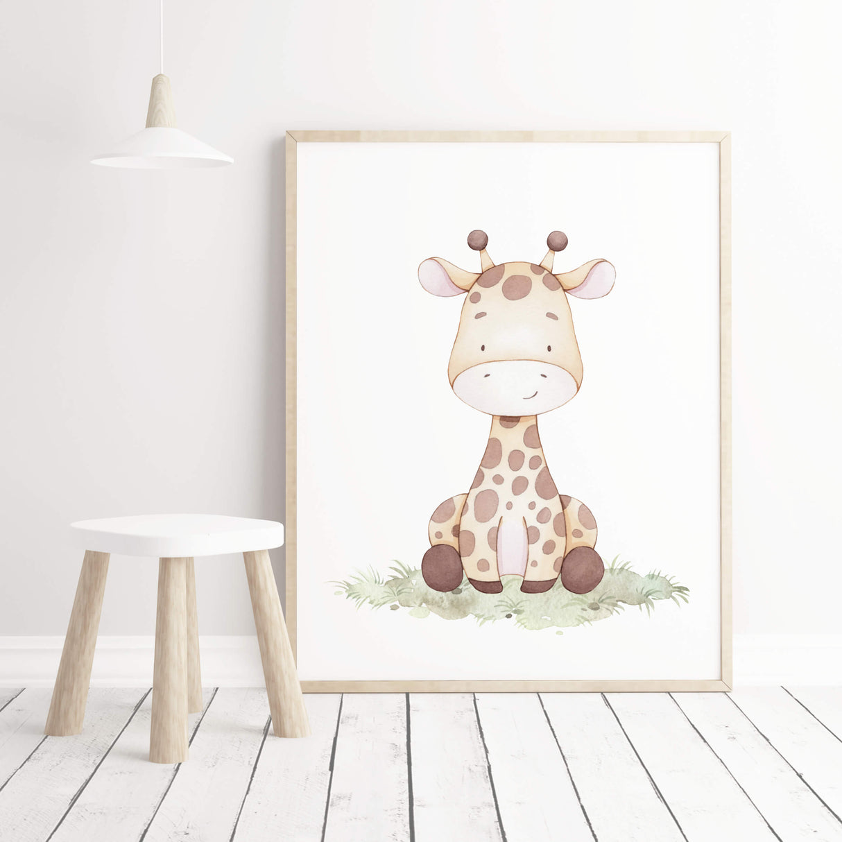 Watercolor giraffe with soft pastel earth colors print for gender neutral nursery decor, baby boys room decor, girls room decor.