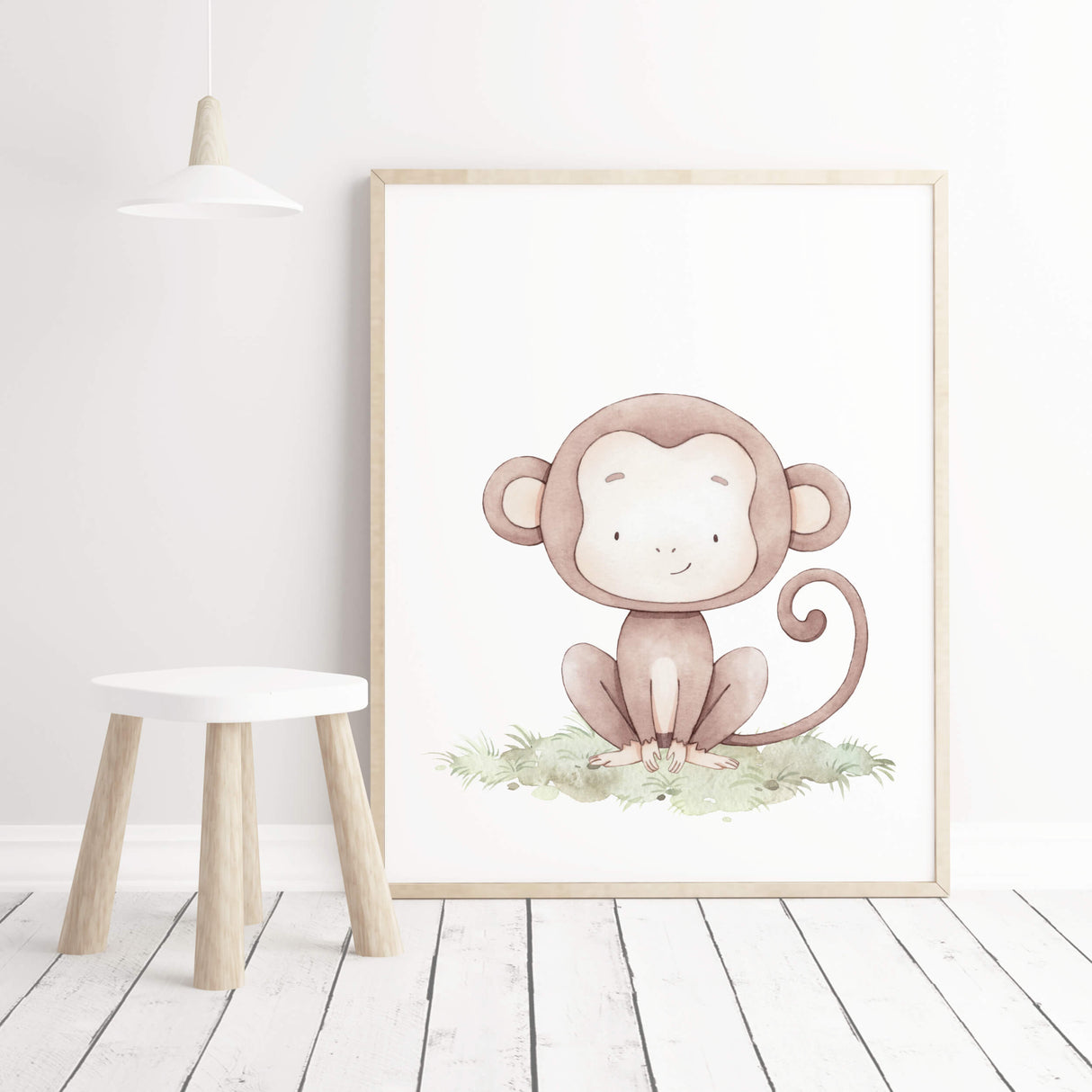 Watercolor monkey with soft pastel earth colors print for gender neutral nursery ideas, baby boys room decor, girls room decor.
