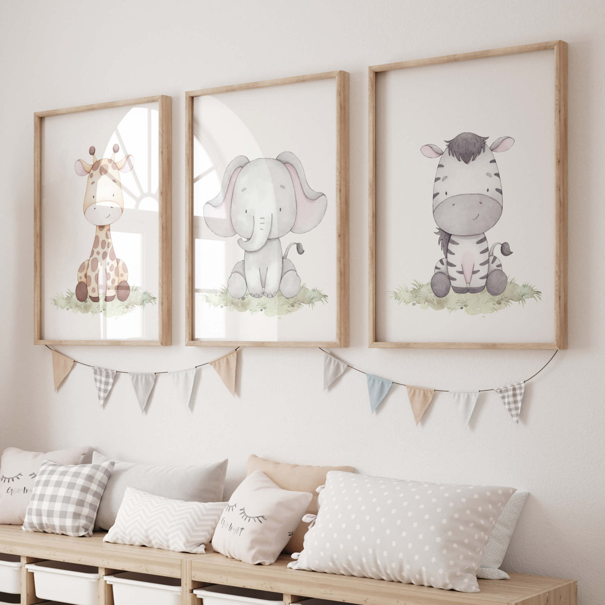 Set of 3 watercolor safari animals with soft pastel earth colors print for gender neutral nursery decor, baby boys room decor, girls room decor, animals: giraffe, elephant, zebra.