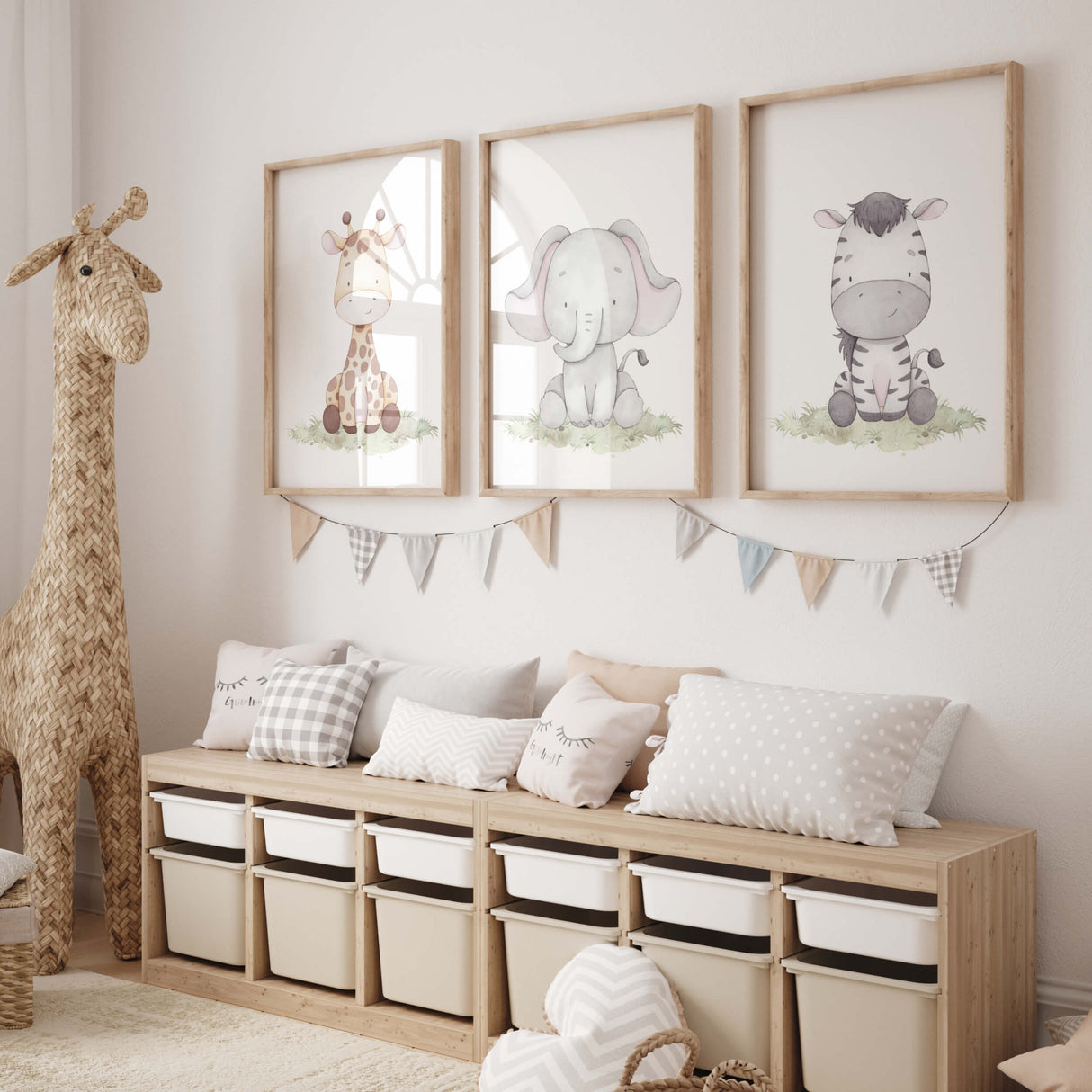 Set of 3 watercolor safari animals with soft pastel earth colors poster for gender neutral nursery decor, baby boys room decor, girls room decor, animals: giraffe, elephant, zebra.