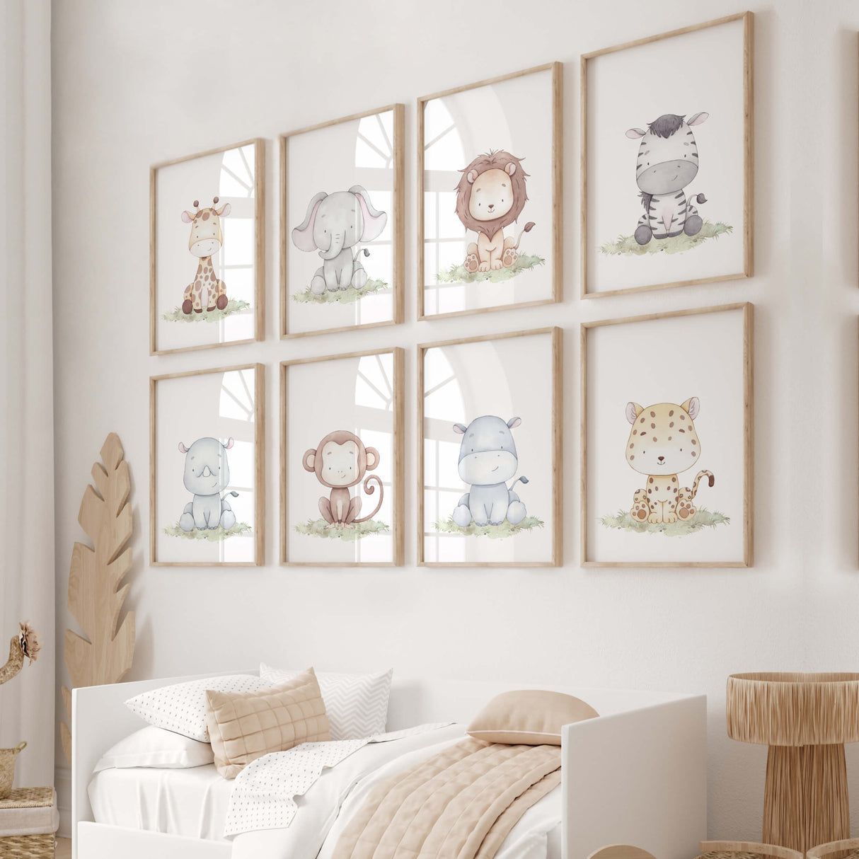 Set of 8 watercolor safari animals with soft pastel earth colors print for gender neutral nursery decor, baby boys room decor, girls room decor, animals: giraffe, elephant, lion, zebra, hippo, monkey, rhino, leopard.