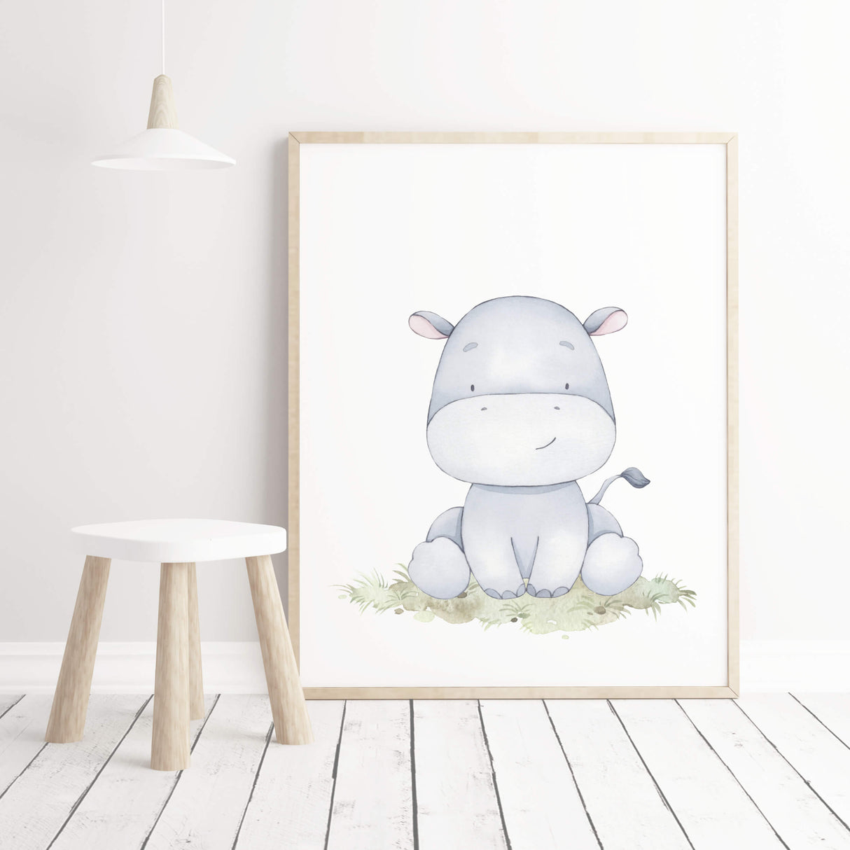 Watercolor hippo with soft pastel earth colors print for gender neutral nursery decor, baby boys room decor, girls room decor.