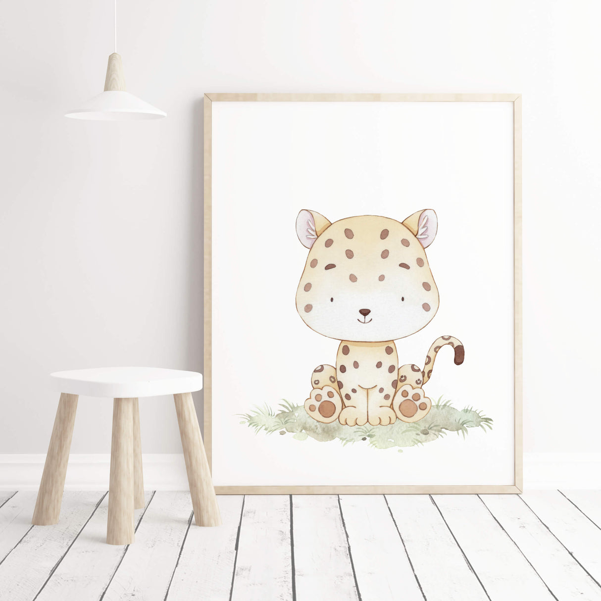 Watercolor leopard with soft pastel earth colors print for gender neutral nursery decor, baby boys room decor, girls room decor.