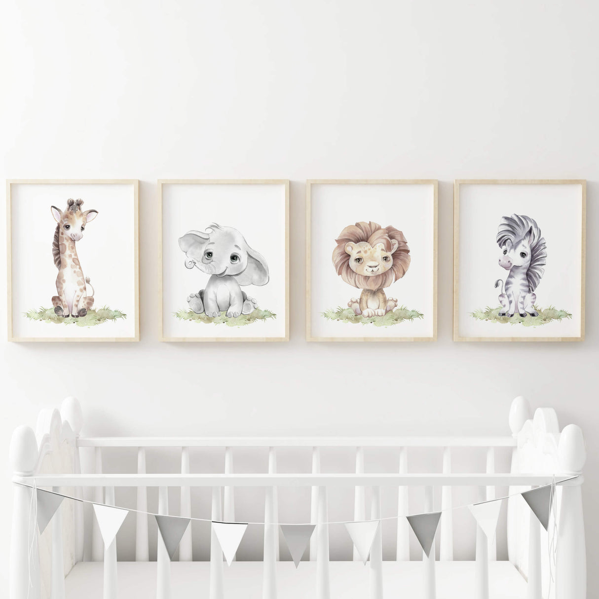 Watercolor safari animals poster for gender neutral nursery decor, toddler room decor, boys room decor, girls room decor, animals : elephant, giraffe, lion, zebra.