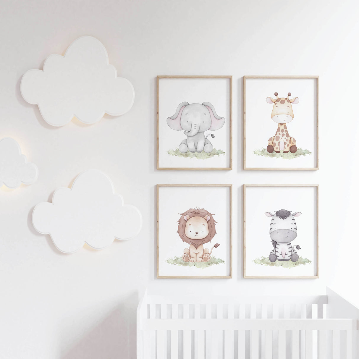 Set of 4 watercolor safari animals with soft pastel earth colors poster for gender neutral nursery decor, baby boys room decor, girls room decor, animals: giraffe, elephant, zebra, lion.