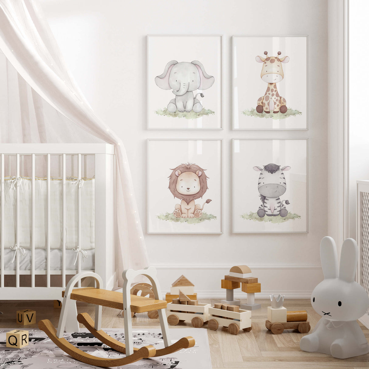 Set of 4 watercolor safari animals with soft pastel earth colors printable for gender neutral nursery decor, baby boys room decor, girls room decor, animals: giraffe, elephant, lion, zebra.