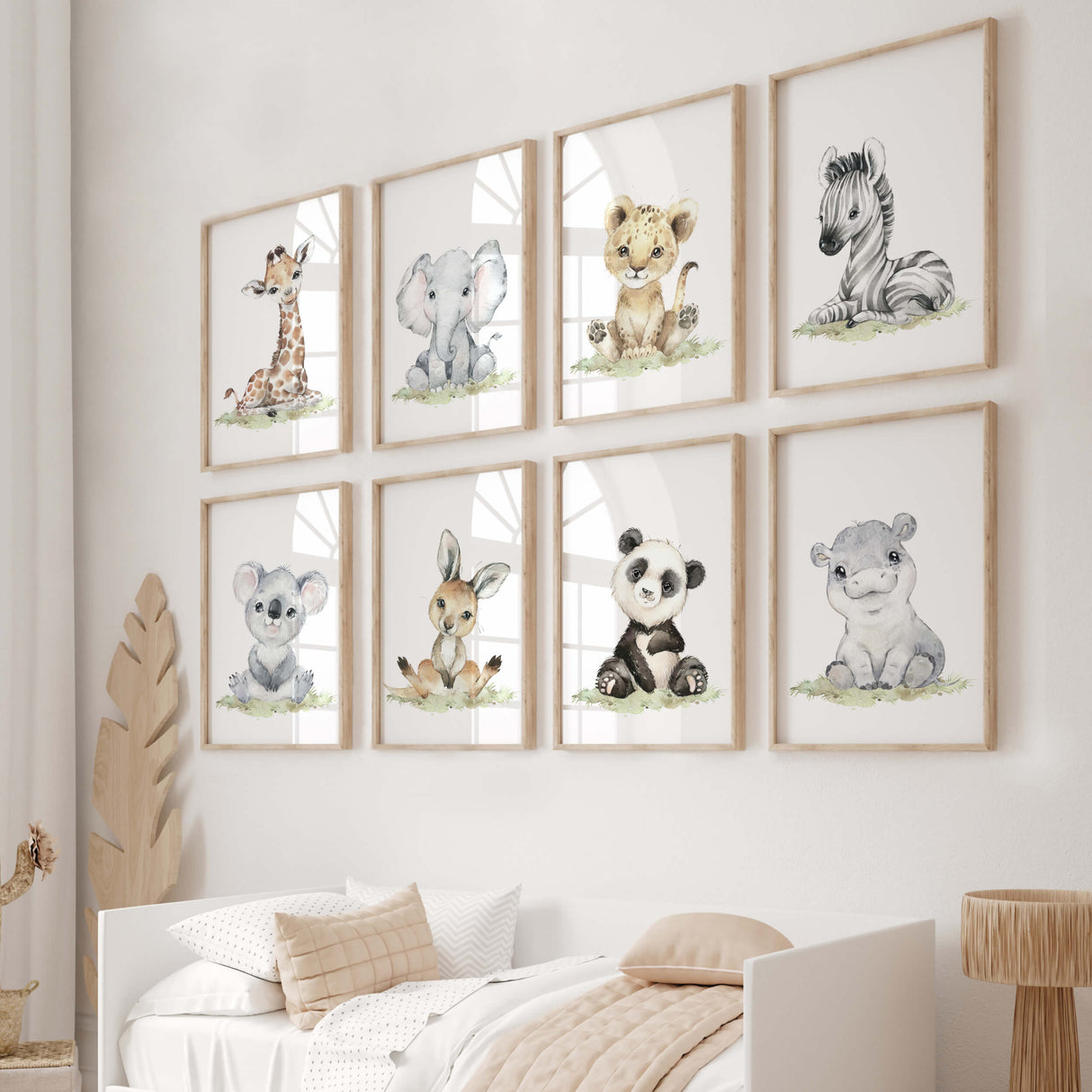 Set of 8 watercolor safari animals printable for gender neutral nursery decor and ideas, includes animals: giraffe, elephant, lion, zebra, koala, kangaroo, panda, hippo.