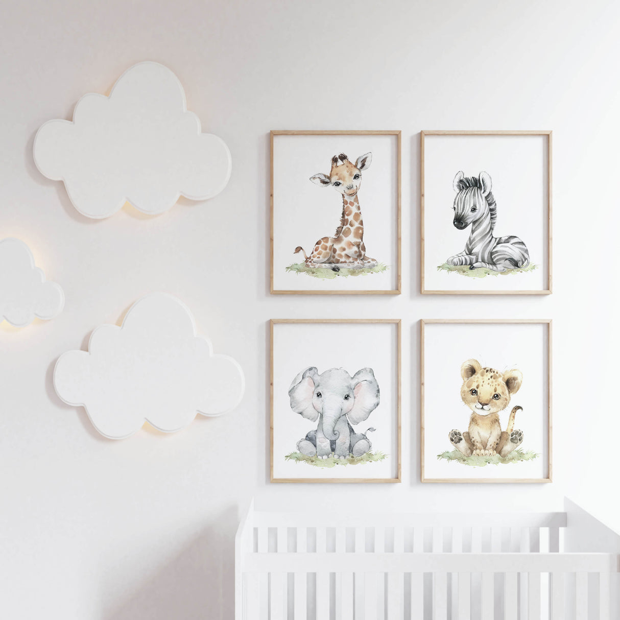 Watercolor safari animals with elephant, giraffe, zebra, lion print for gender neutral nursery decor and ideas, boho nursery decor.