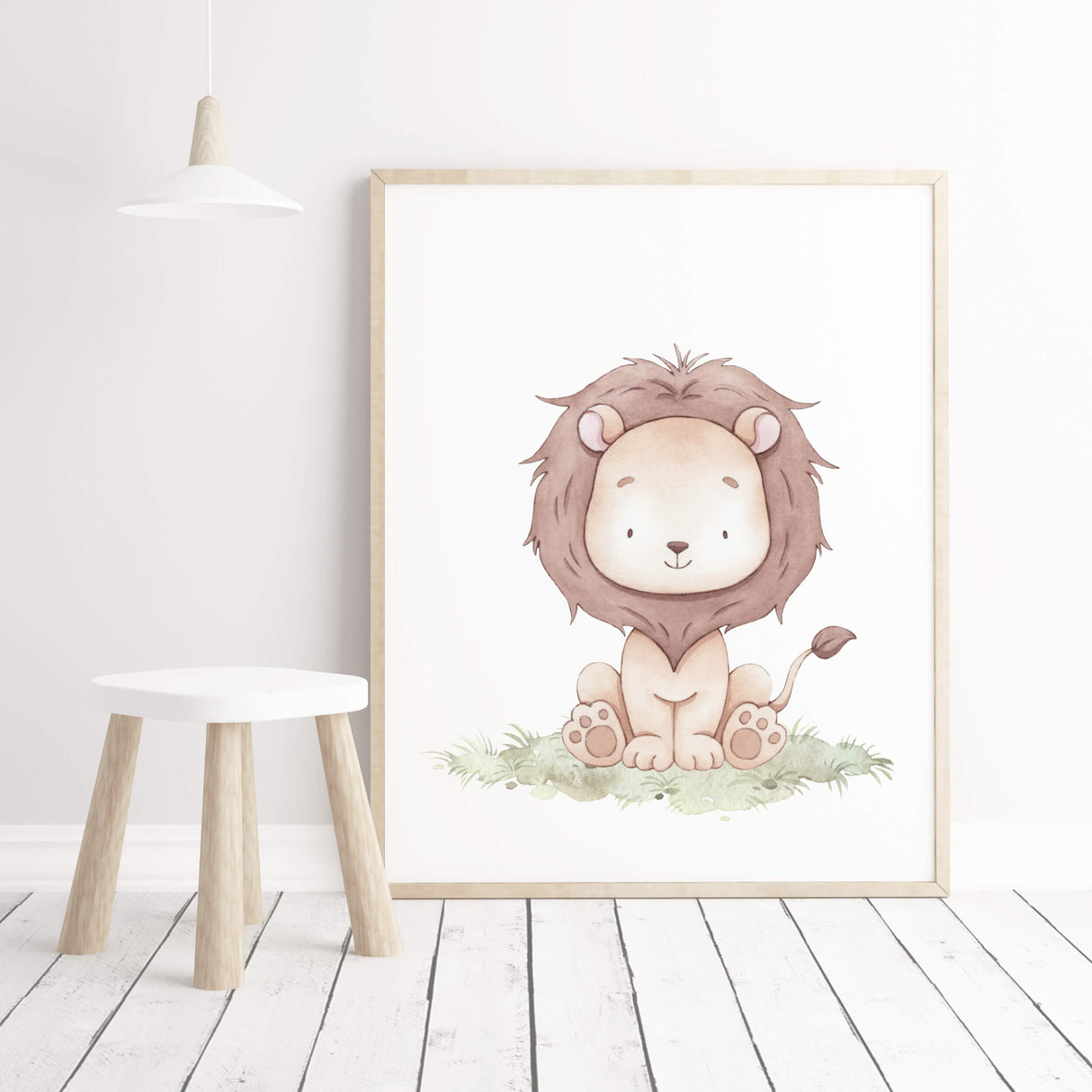 Watercolor lion with soft pastel earth colors print for gender neutral nursery decor, baby boys room decor, girls room decor.