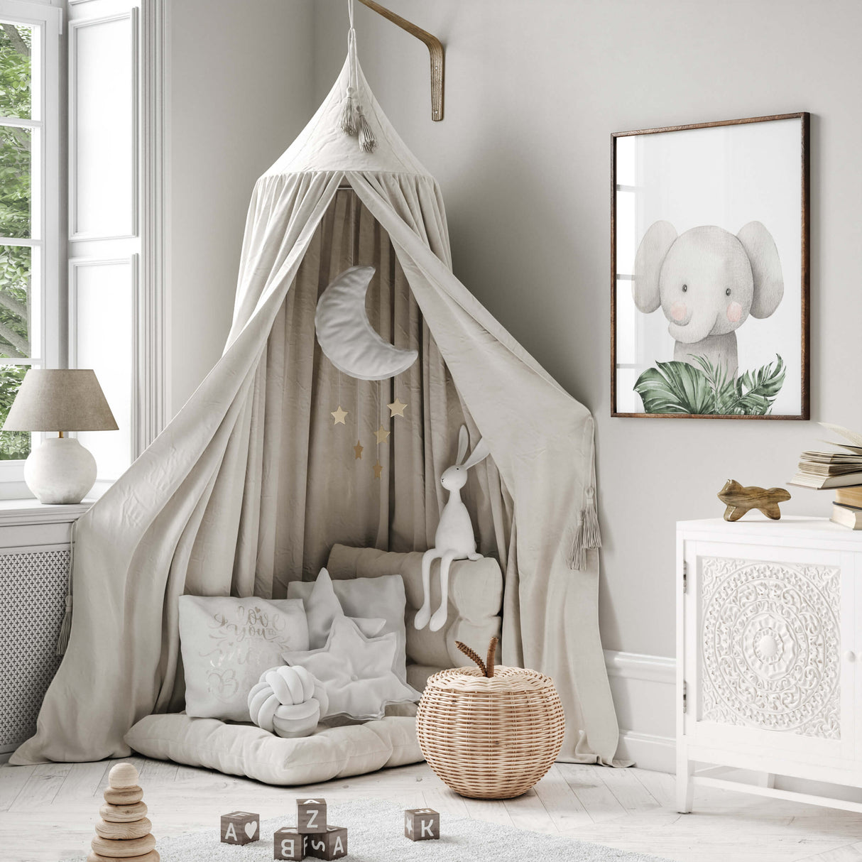 Watercolor elephant print with leaves print for neutral nursery decor.