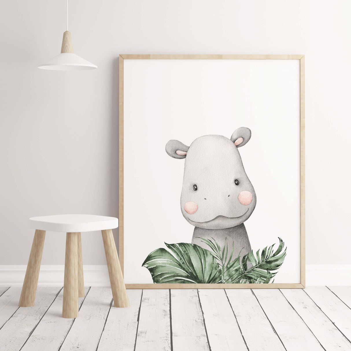 Watercolor hippo print with leaves print for neutral nursery decor.