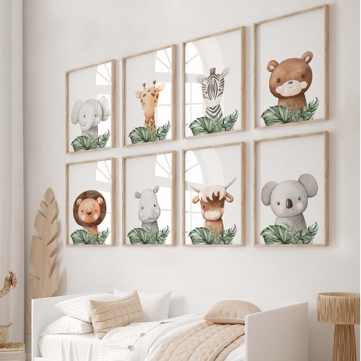 Set of 8 watercolor woodland and safari animal print with elephant, giraffe, zebra, bear, lion, hippo, bull, koala and leaves print in brown, gray and green colors for neutral nursery decor.