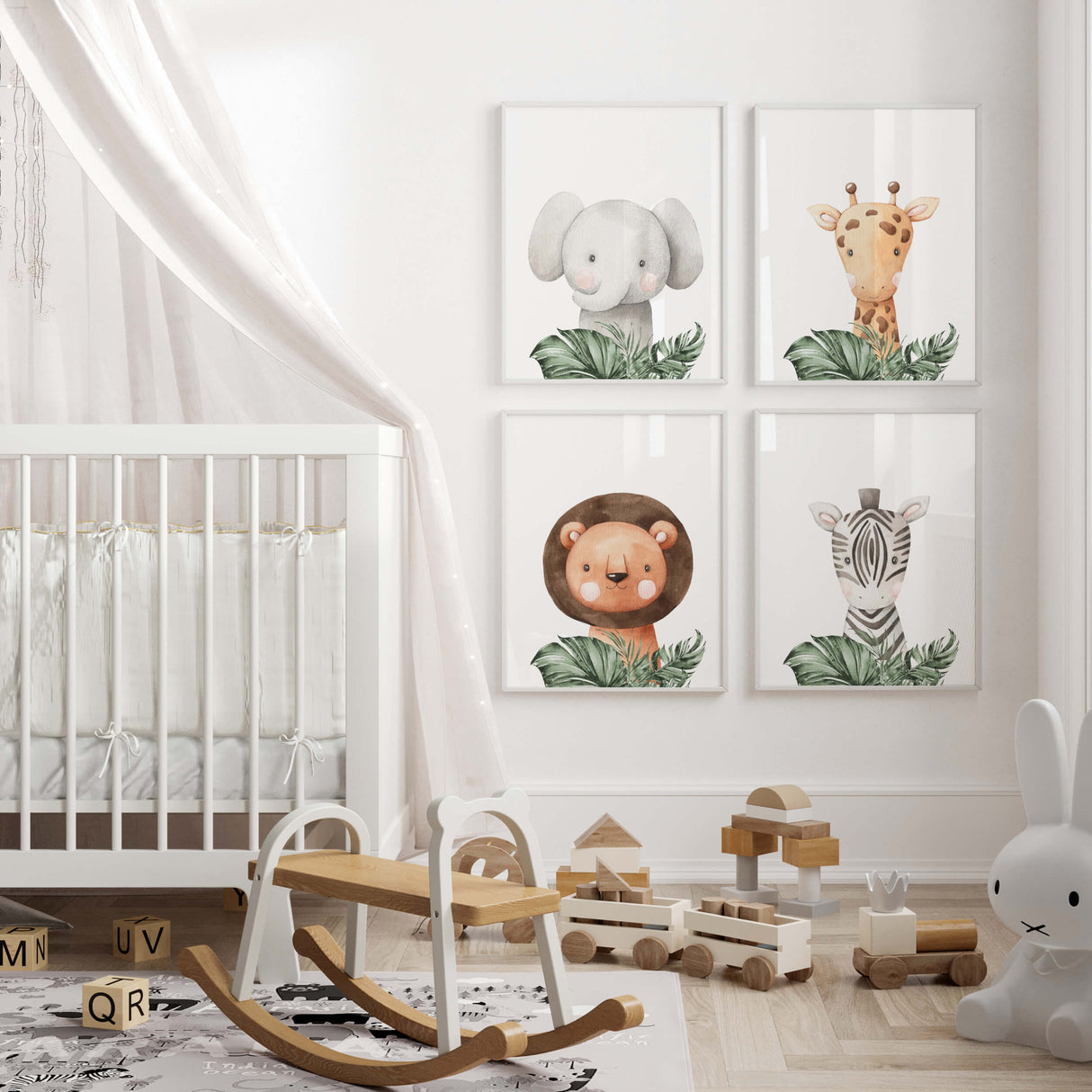 Watercolor safari animal with elephant, giraffe, lion, zebra print with leaves for neutral nursery decor.