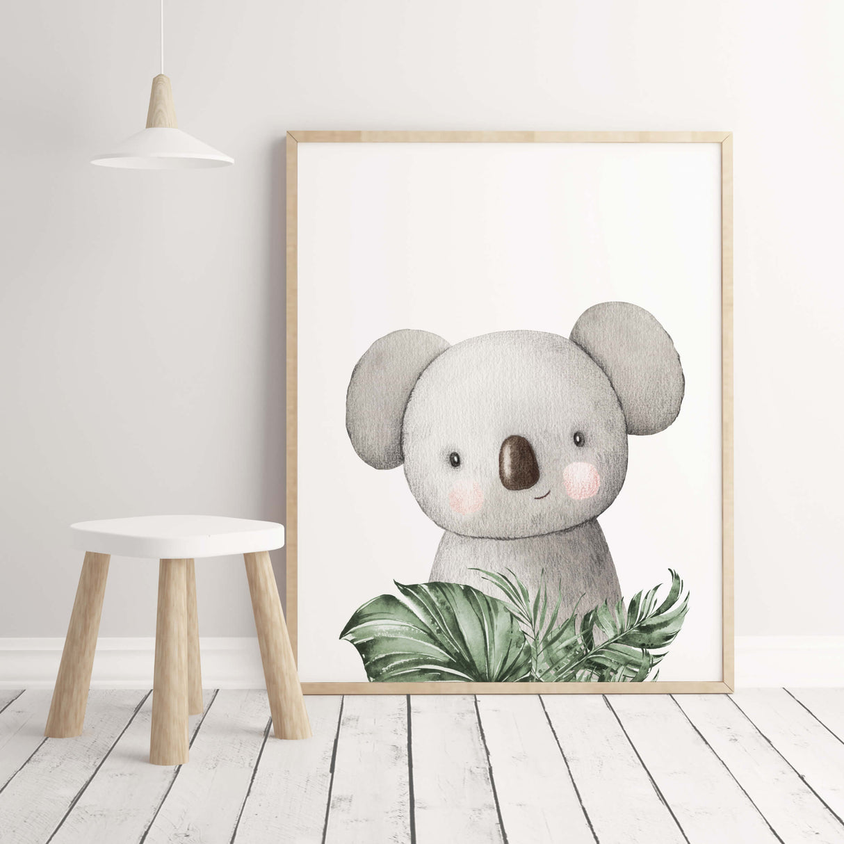 Watercolor koala with leaves print for neutral nursery decor.