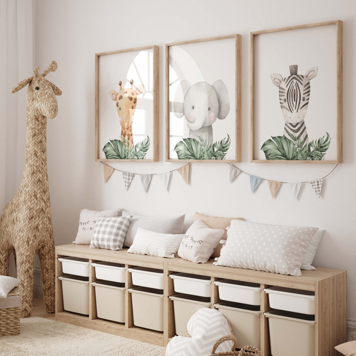 Set of 3 watercolor safari animal with elephant, giraffe, zebra printable with leaves for neutral nursery decor.