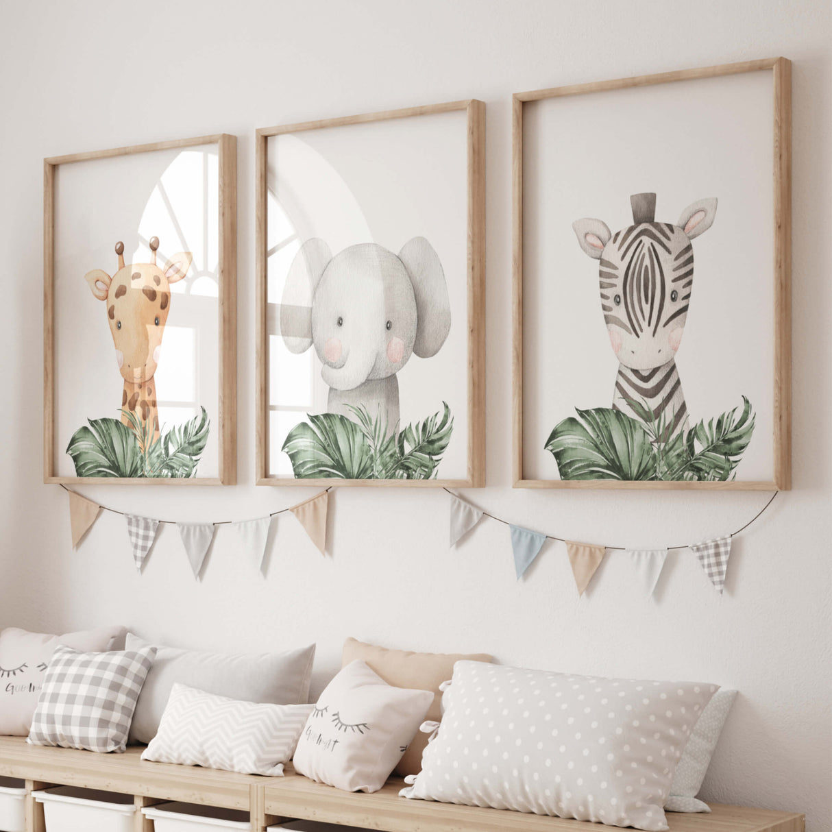 Set of 3 watercolor safari animal with elephant, giraffe, zebra printable with leaves for neutral nursery ideas