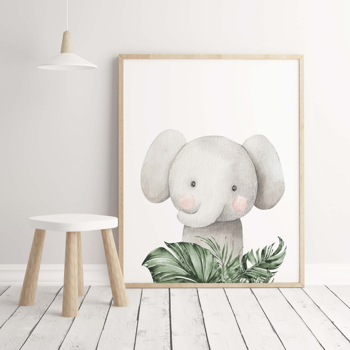 Watercolor elephant with leaves print for neutral nursery decor.