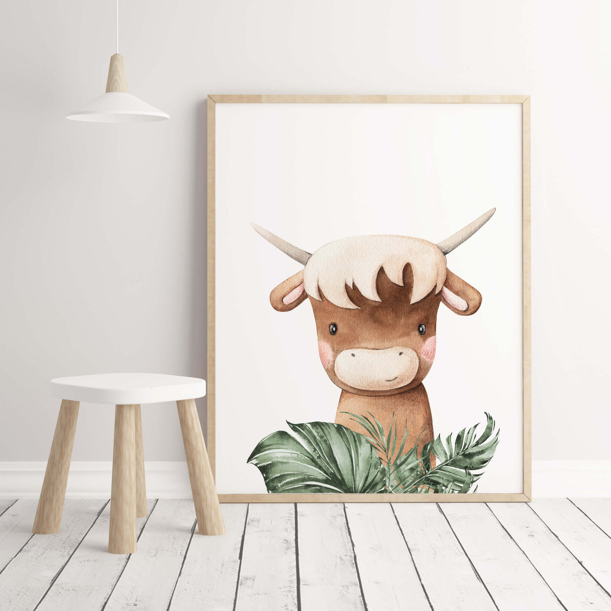 Watercolor bull with leaves print for neutral nursery decor.