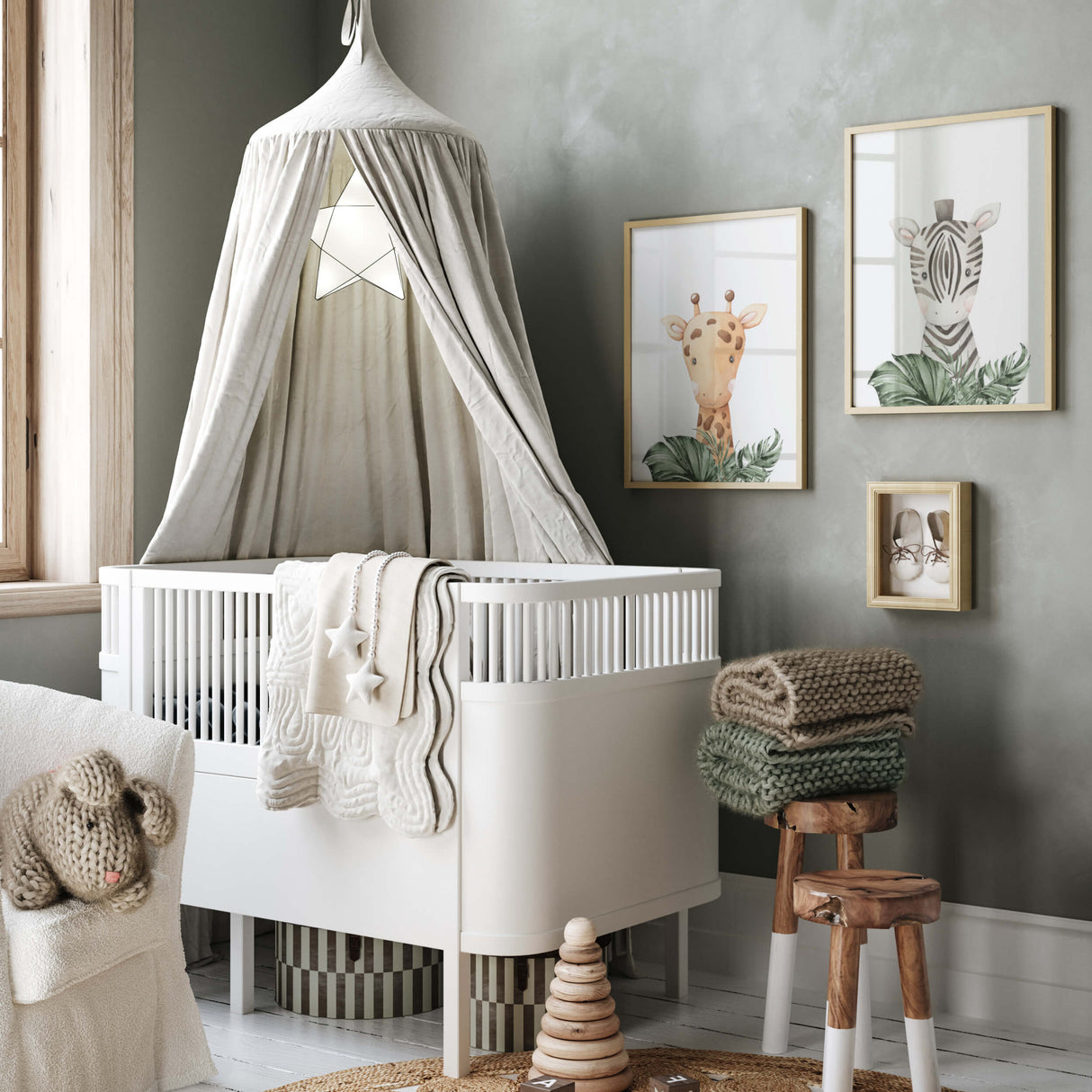 Watercolor giraffe and zebra with leaves print for neutral nursery ideas.