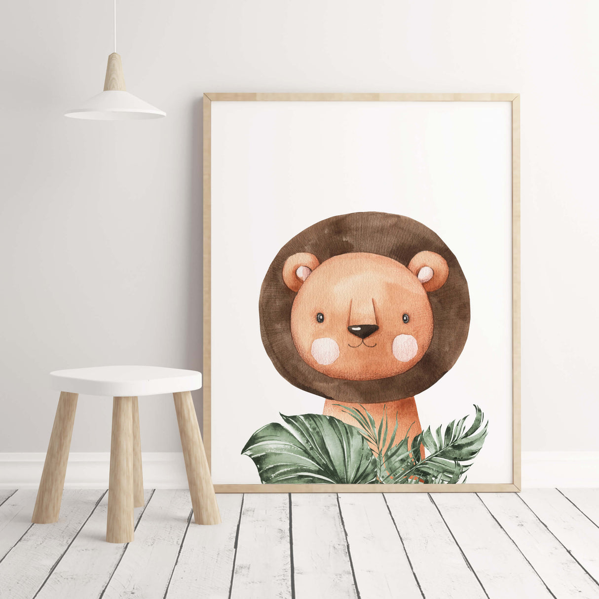 Watercolor lion with leaves print for neutral nursery ideas.