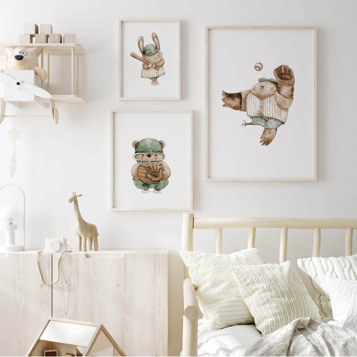 Watercolor baseball animal print in sage green, brown, beige colors for gender neutral nursery decor, baby boys room decor, toddler room decor, animals: bunny, owl, bear.