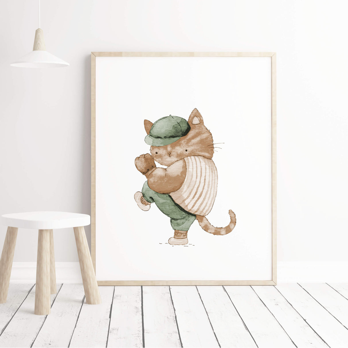 Watercolor baseball animal print with cat in sage green, brown, beige colors for gender neutral nursery decor, baby boys room decor, toddler room decor.